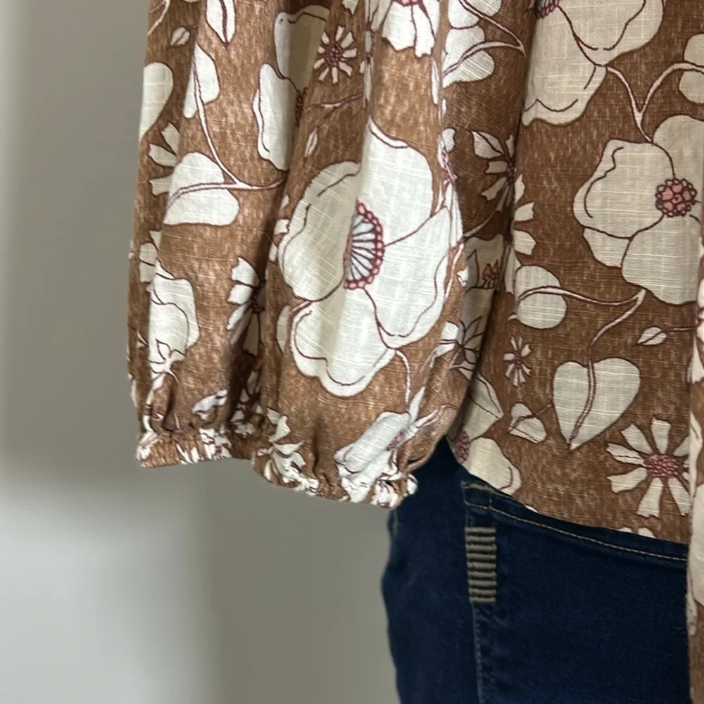 Free People Miss Daisy Floral Printed Top Long Sleeve Off Shoulder Brown Sz L